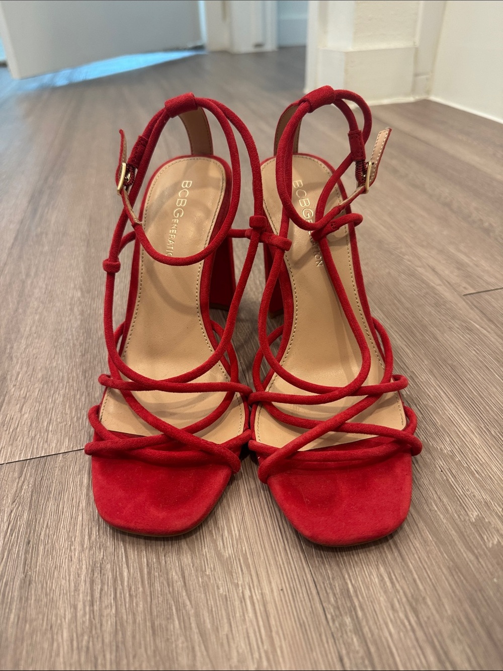 BCBGeneration Red Strappy Suede Heels